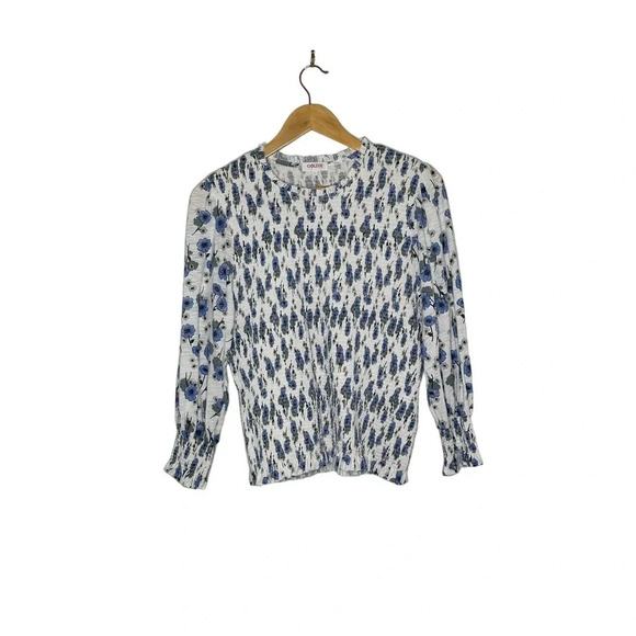 Goldie Lewinter Size L Daisy Print Puff Sleeve Smocked Top in Blue and White - Picture 2 of 5